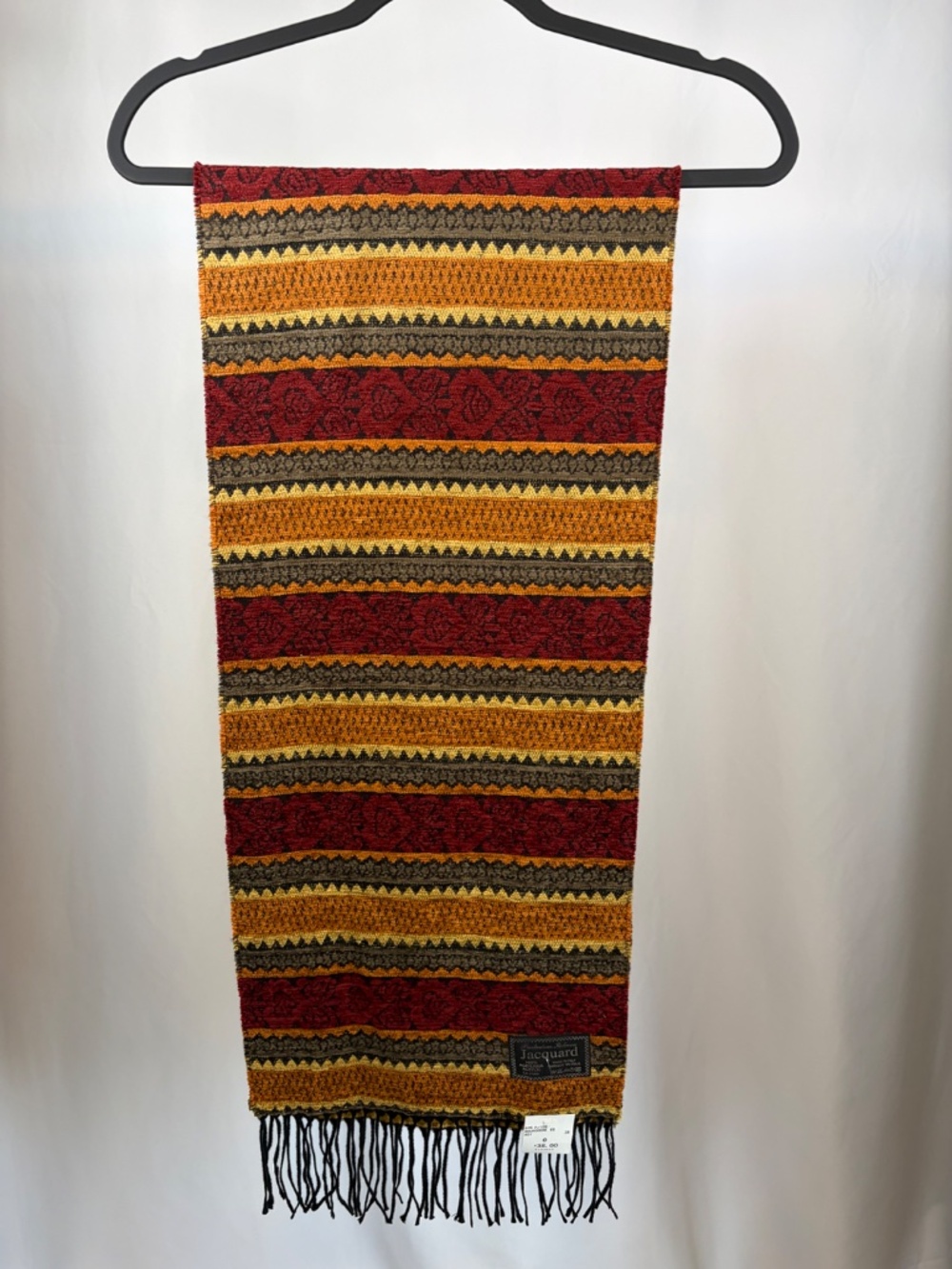 Jacquard Made in Italy Woven Scarf Burgundy Mustard Gold Striped Floral Fringe